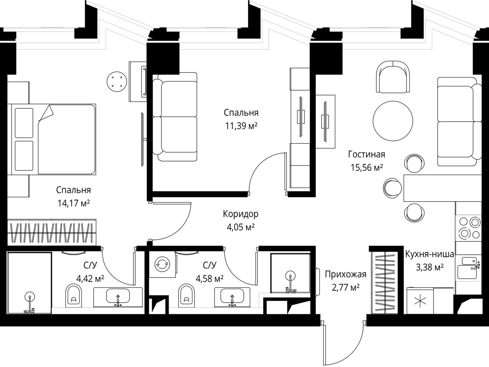 2-комнатная квартира, 62,1 м²