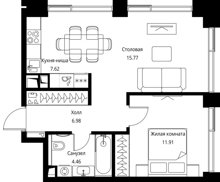 1-комнатная квартира, 46,7 м² — фото 1