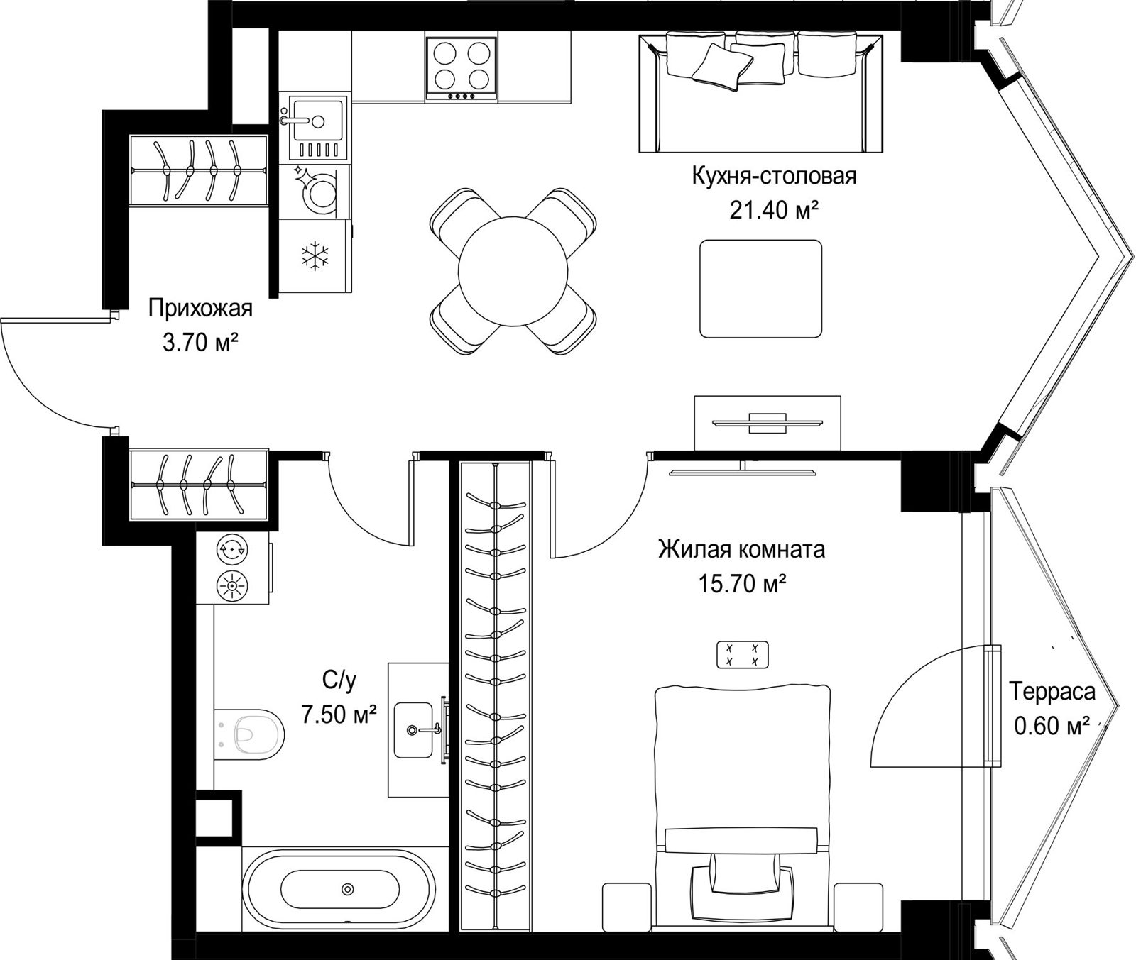 1-комнатная квартира, 48,9 м²