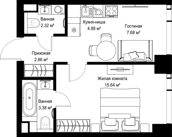 1-комнатная квартира, 36,8 м²