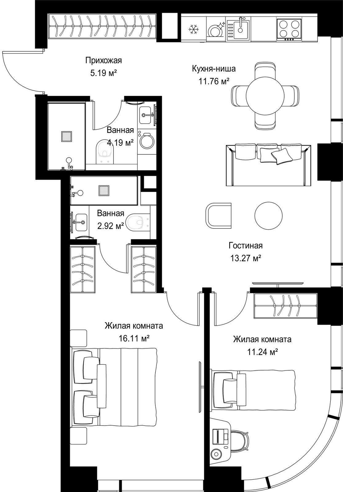 2-комнатная квартира, 64,7 м²