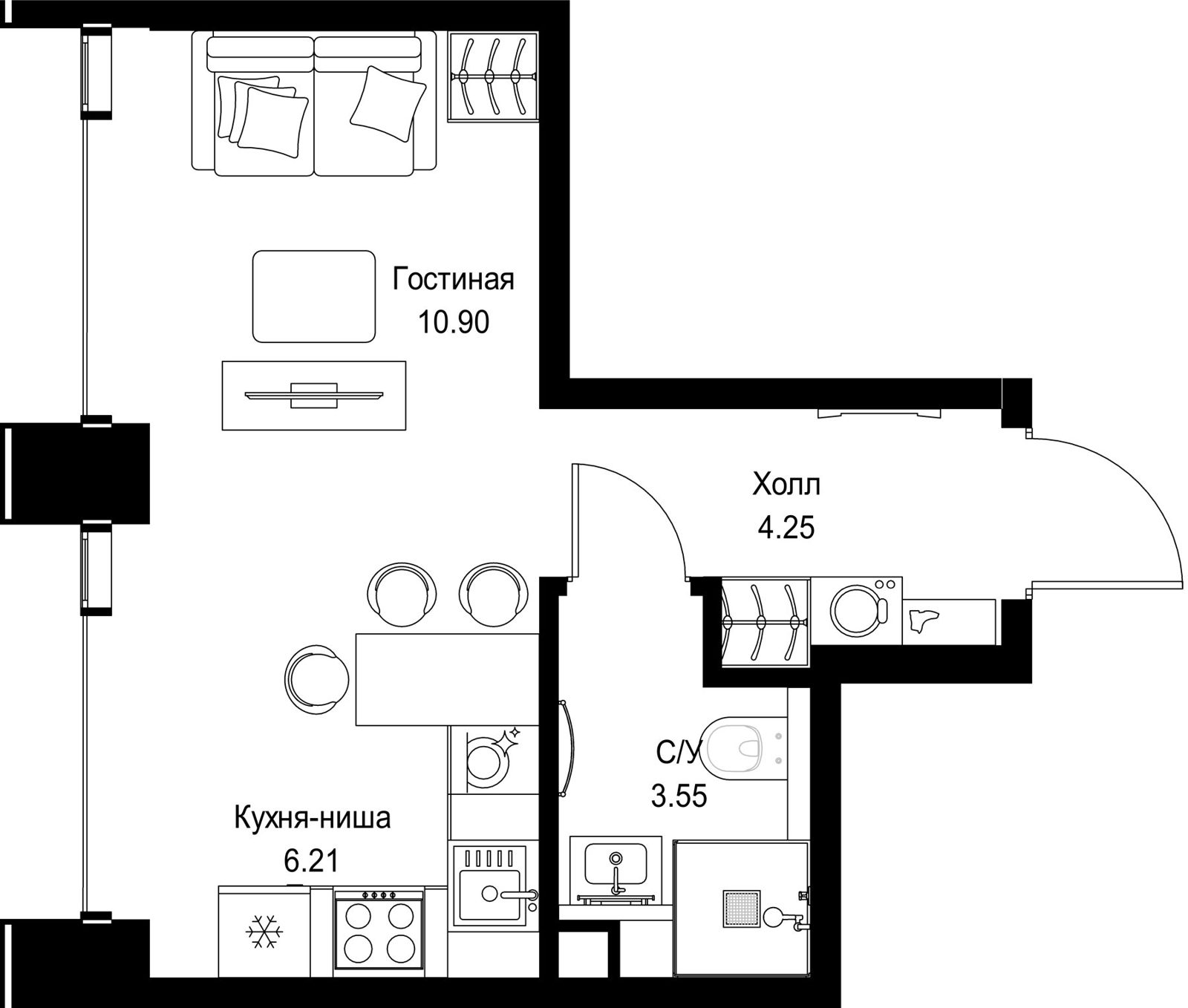 Квартира-студия, 24,9 м²