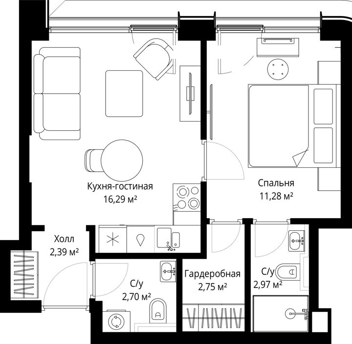 1-комнатная квартира, 38,4 м² — фото 1