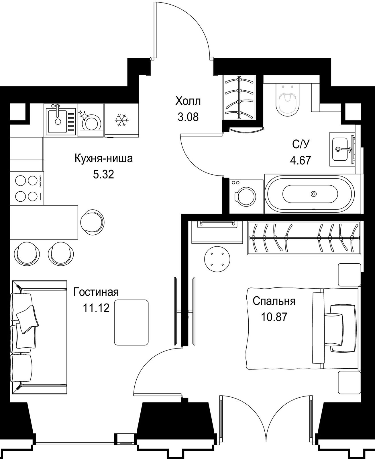 1-комнатная квартира, 35,1 м²