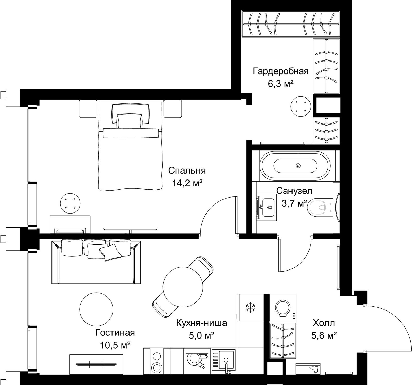 1-комнатная квартира, 45,3 м²
