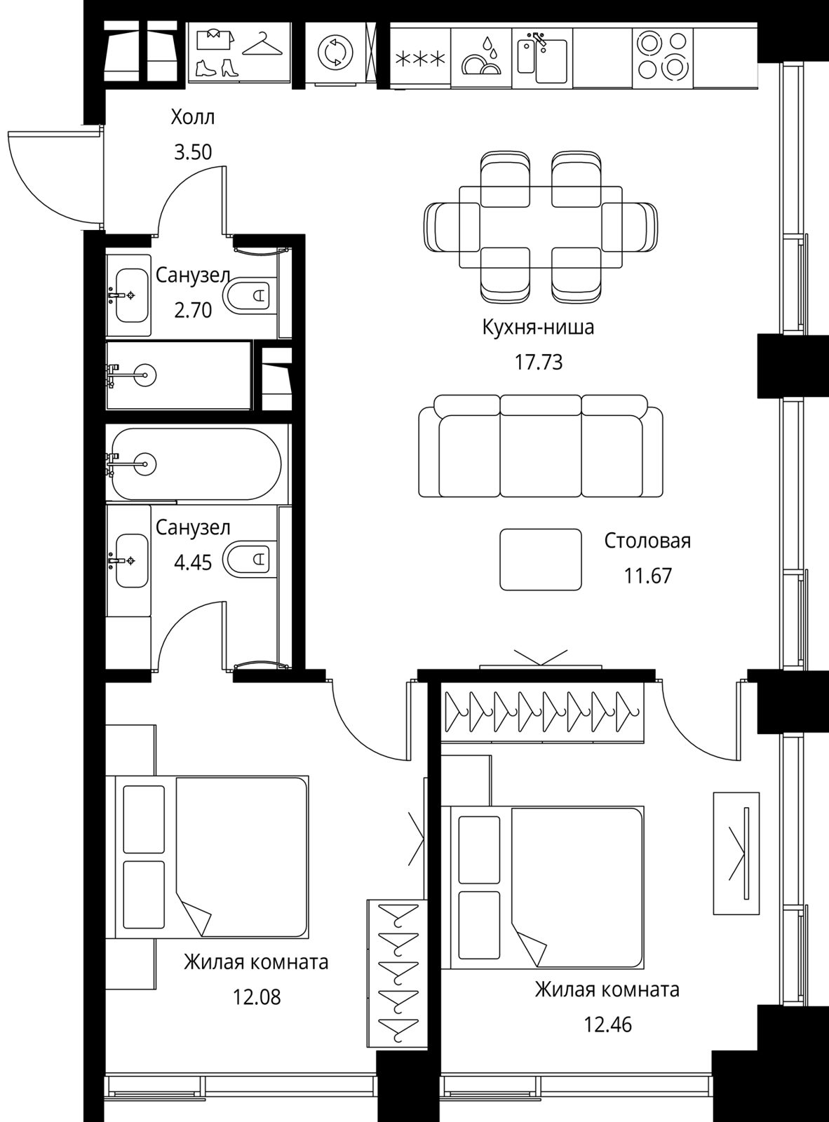 2-комнатная квартира, 64,6 м²