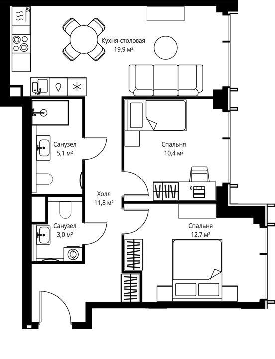 2-комнатная квартира, 62,9 м²