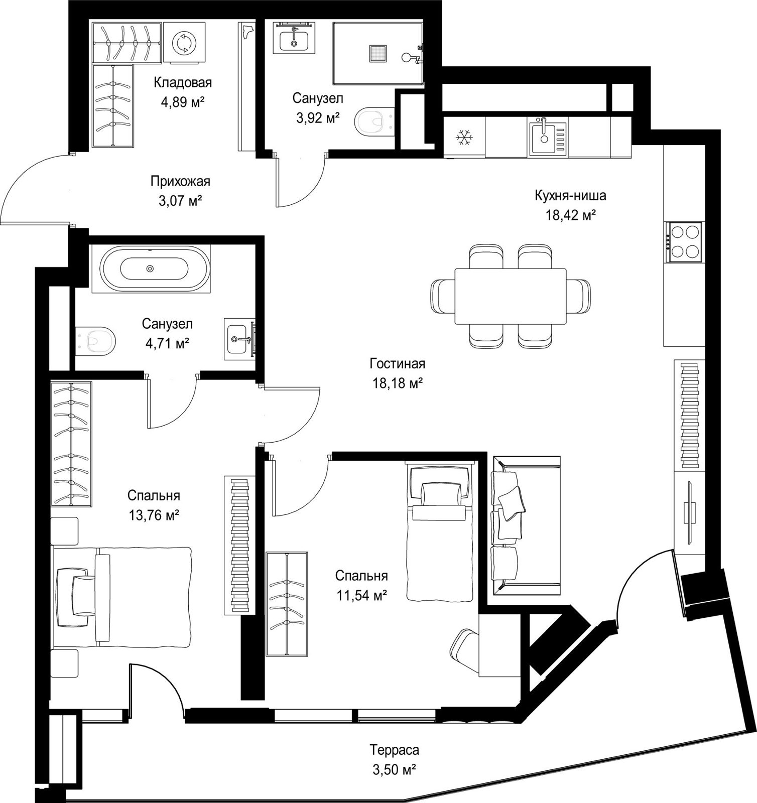 2-комнатная квартира, 82 м²