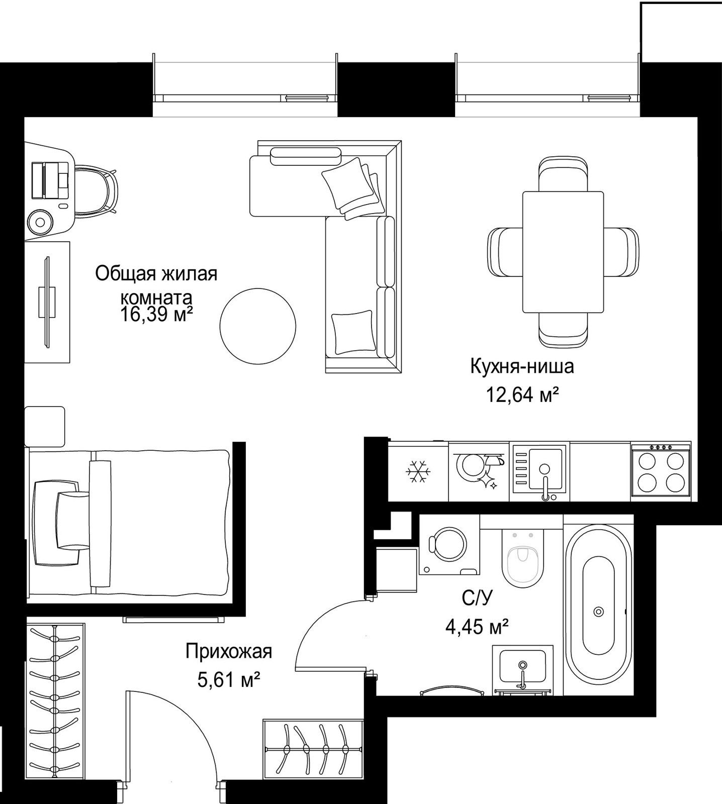 1-комнатная квартира, 39,1 м²