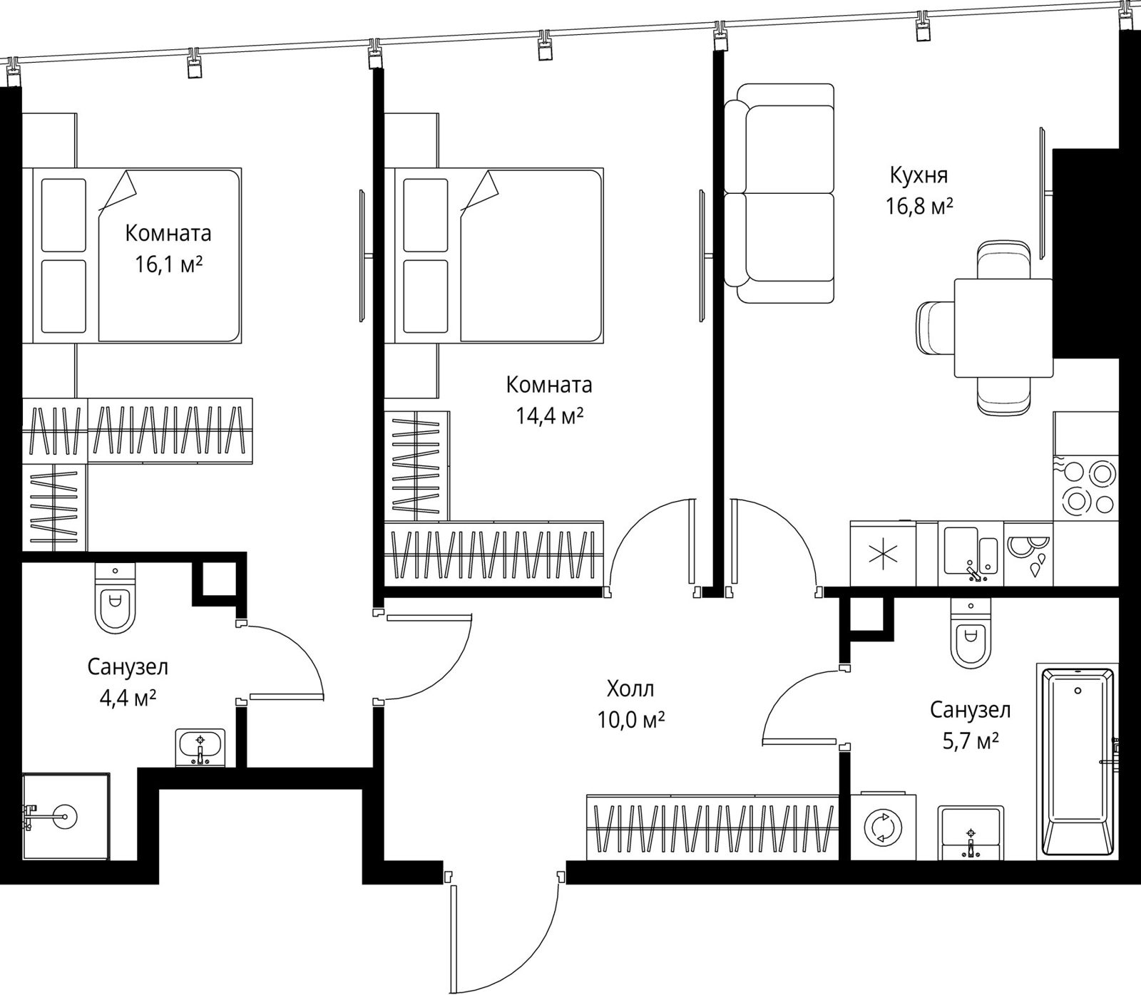 2-комнатная квартира, 67,4 м²