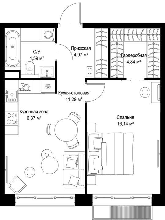 1-комнатная квартира, 48,2 м² — фото 1