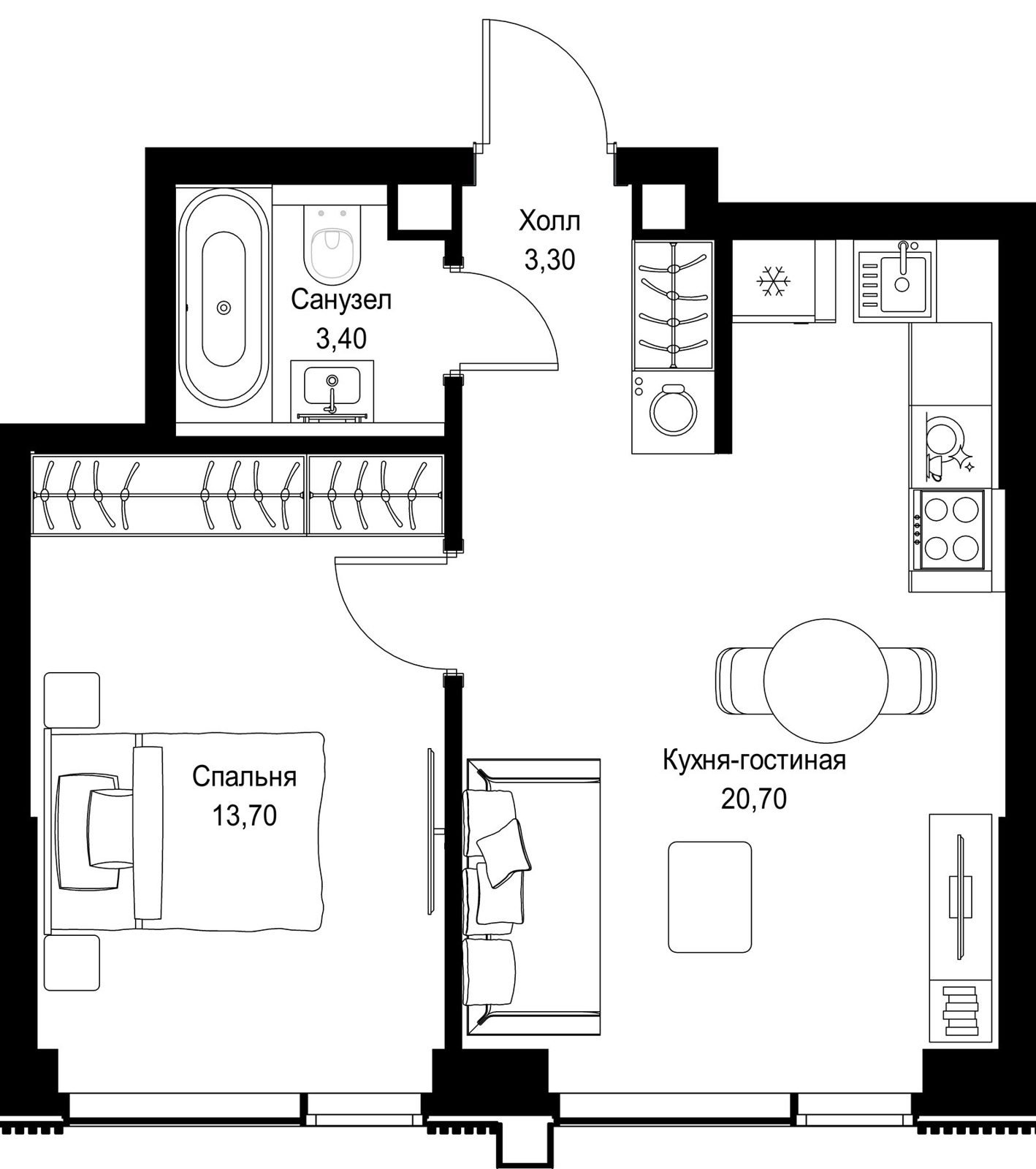 1-комнатная квартира, 41,1 м²