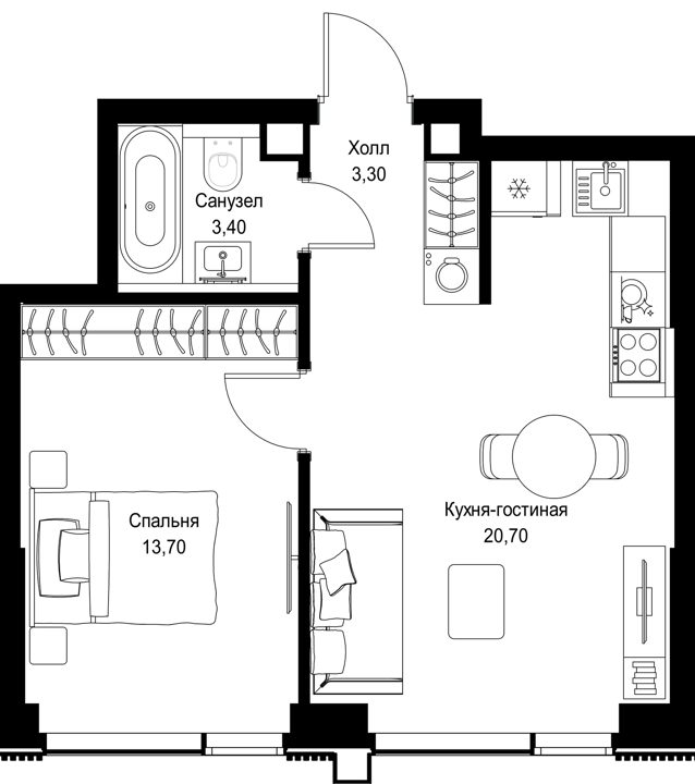 1-комнатная квартира, 41,1 м² — фото 1