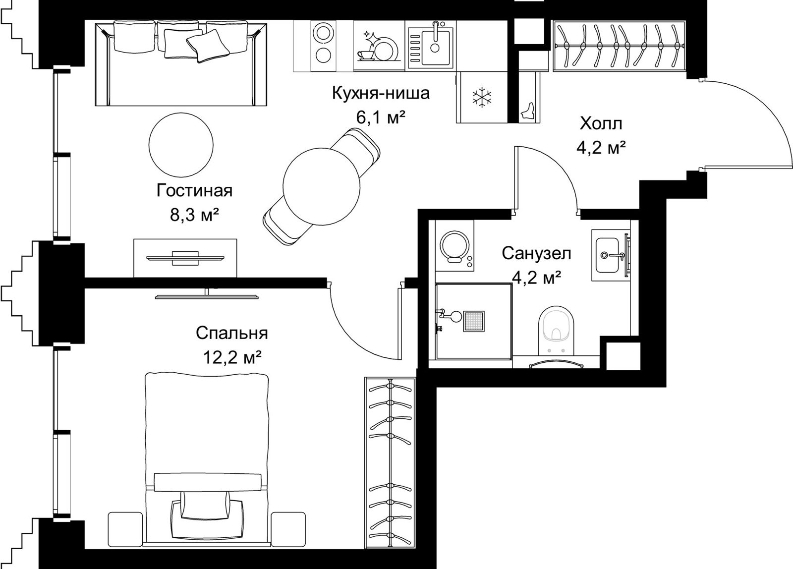 1-комнатная квартира, 35 м²