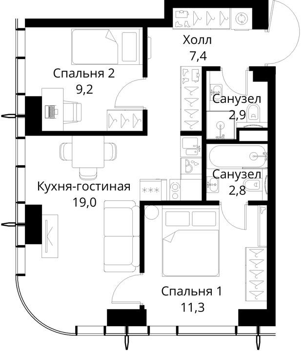 2-комнатная квартира, 52,6 м² — фото 1