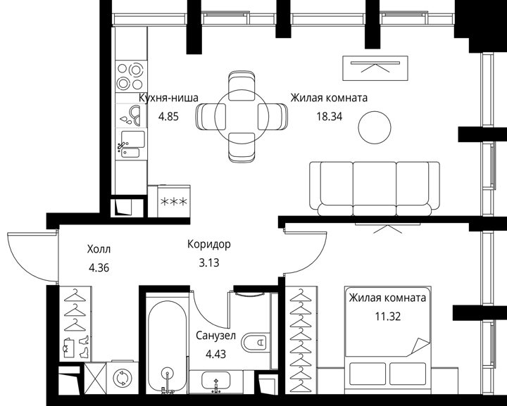 1-комнатная квартира, 46,4 м² — фото 1