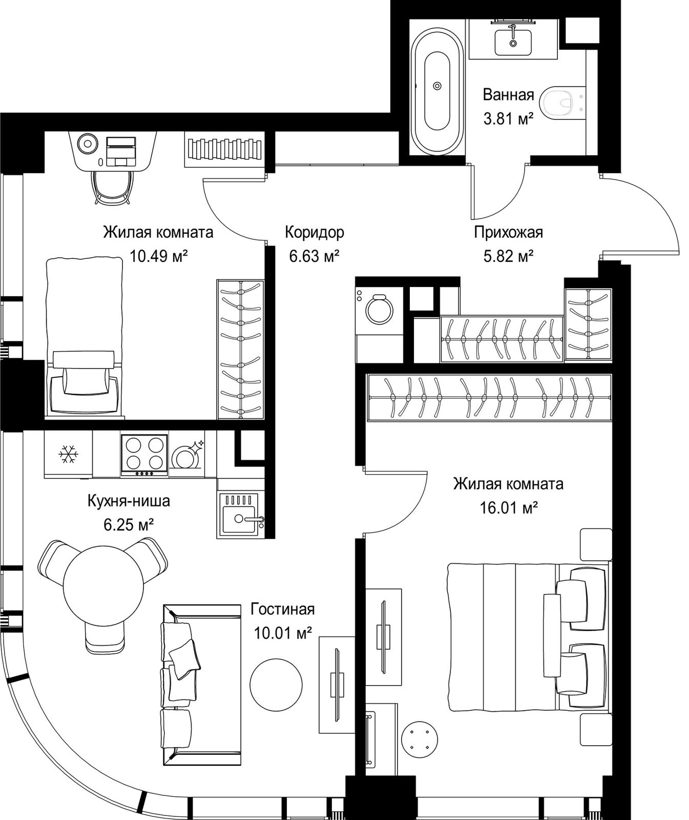 2-комнатная квартира, 59 м²