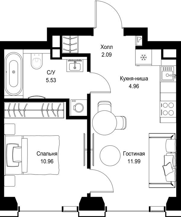 1-комнатная квартира, 35,5 м²