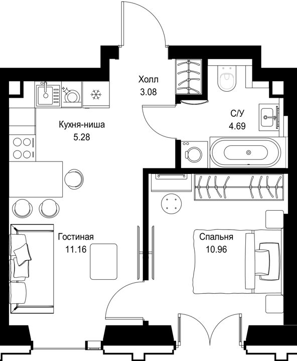 1-комнатная квартира, 35,2 м²