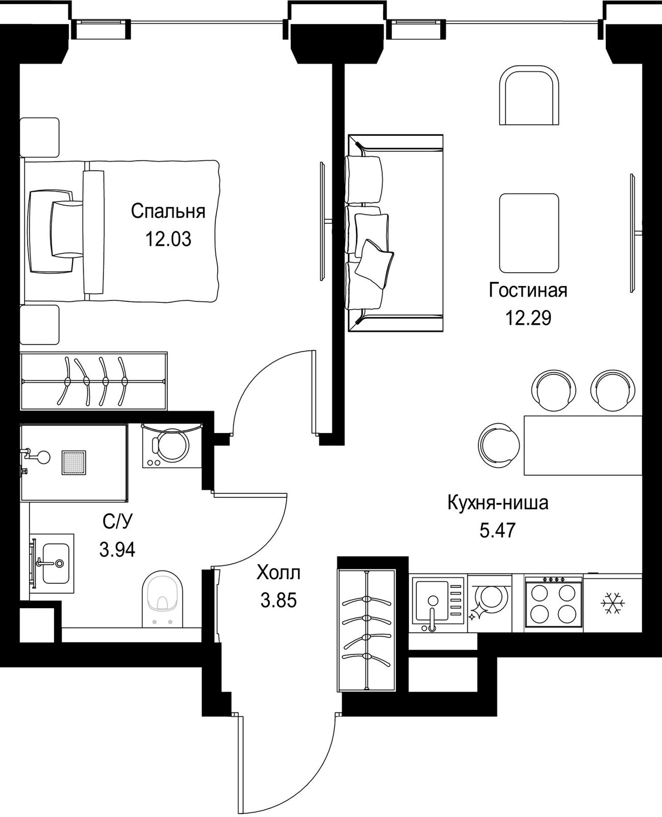 1-комнатная квартира, 37,6 м²