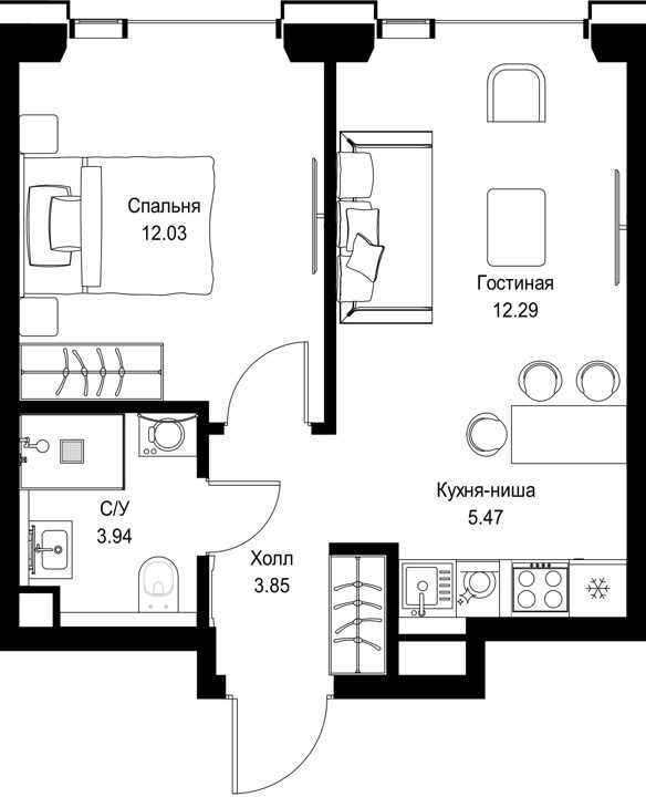 1-комнатная квартира, 37,6 м²