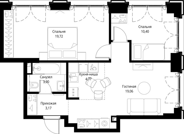 2-комнатная квартира, 61 м² — фото 1