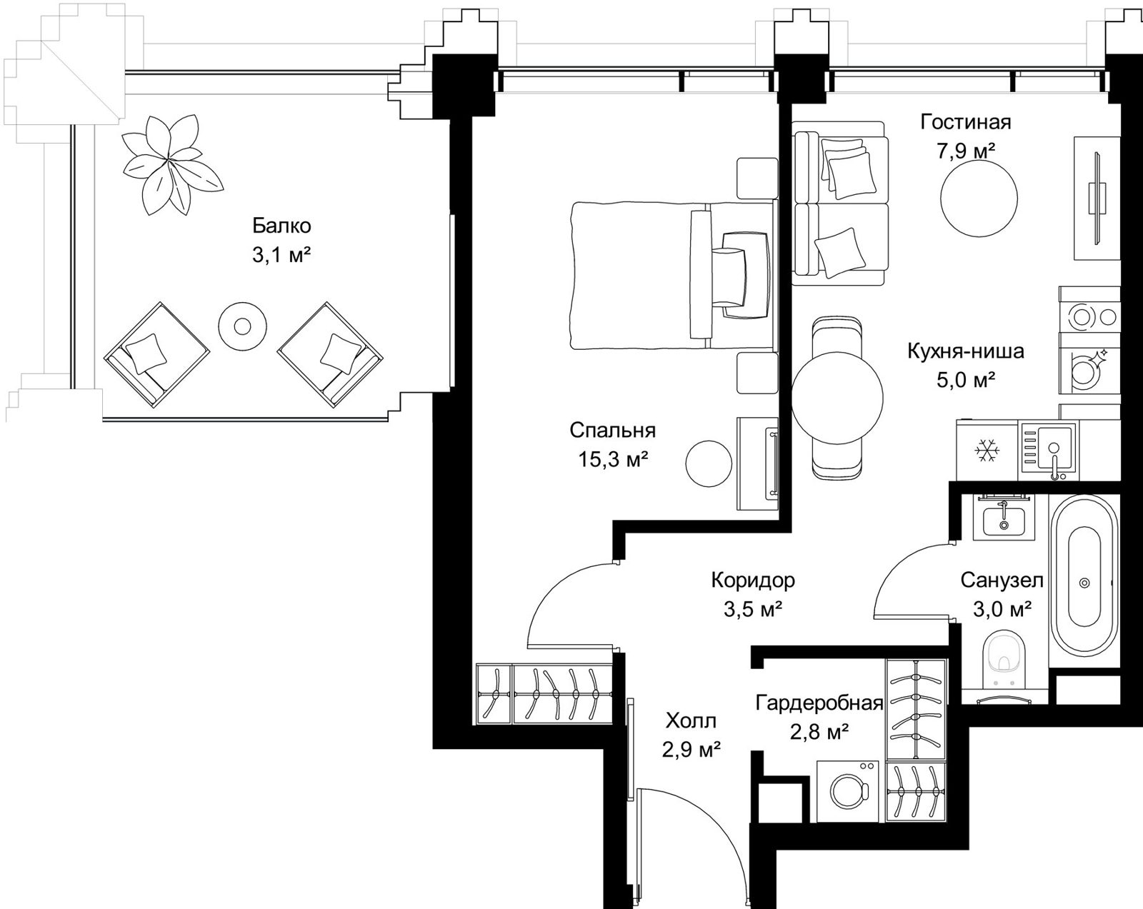1-комнатная квартира, 43,5 м²