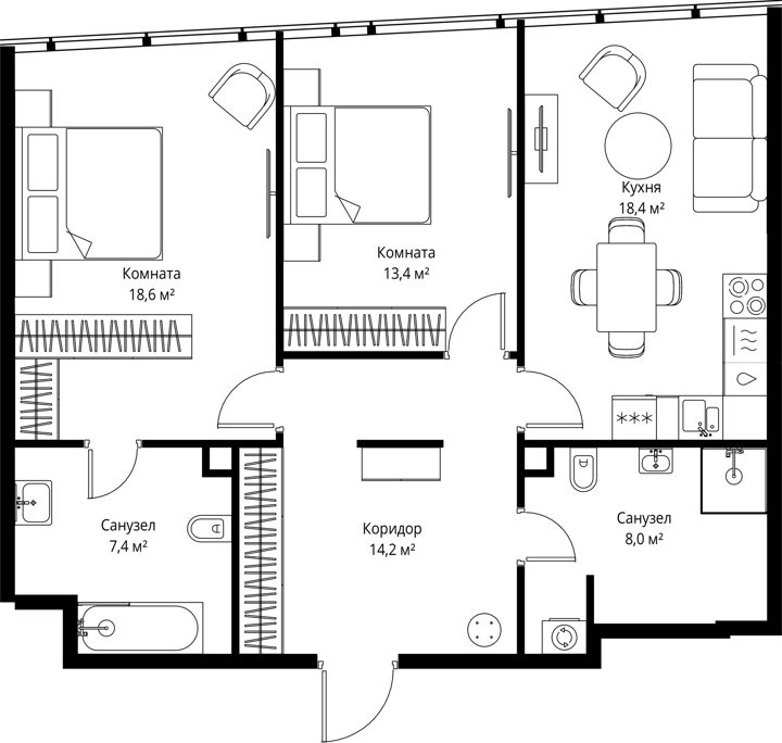 2-комнатная квартира, 80 м² — фото 1