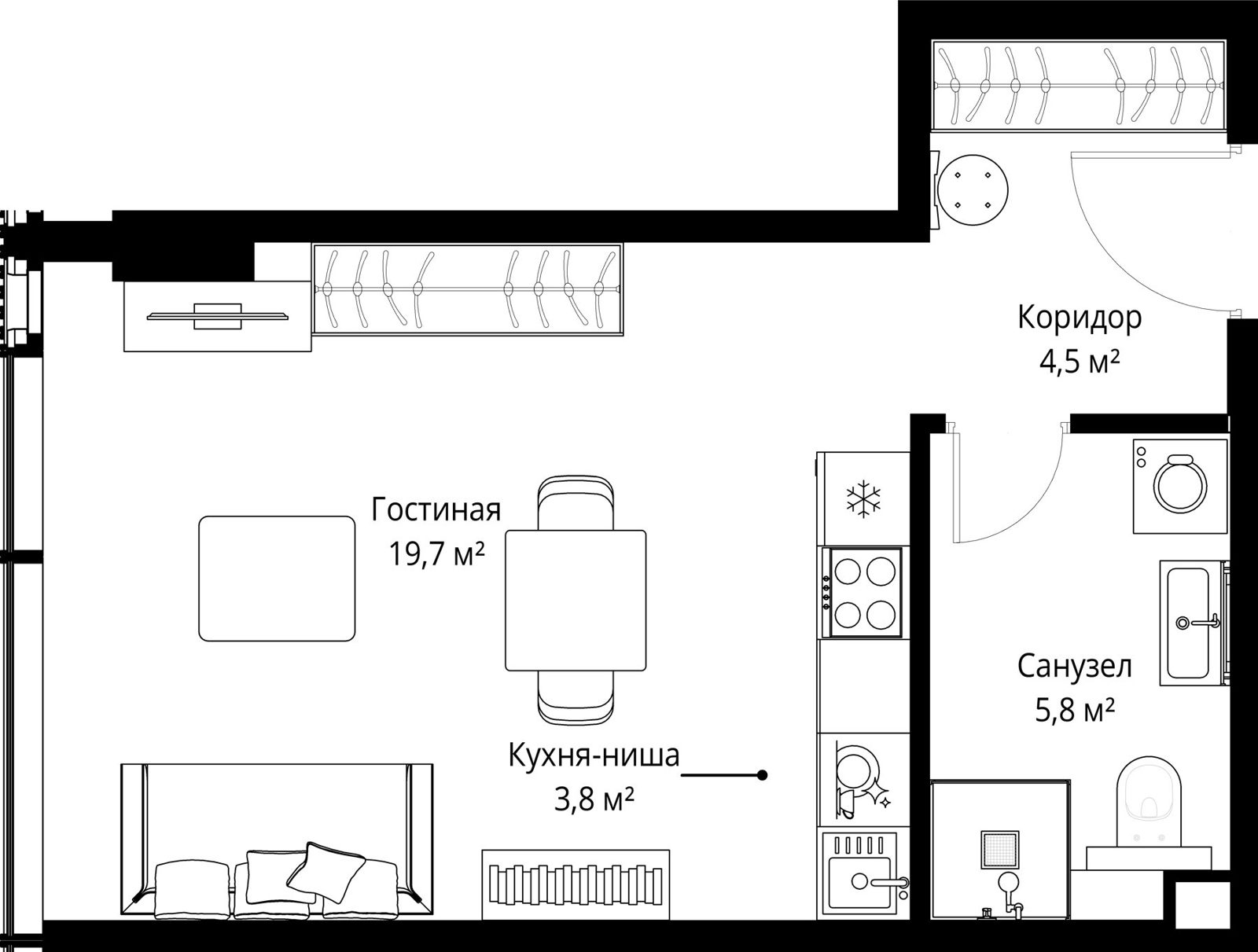 Квартира-студия, 33,8 м²