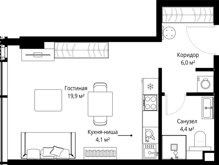 Квартира-студия, 34,4 м²