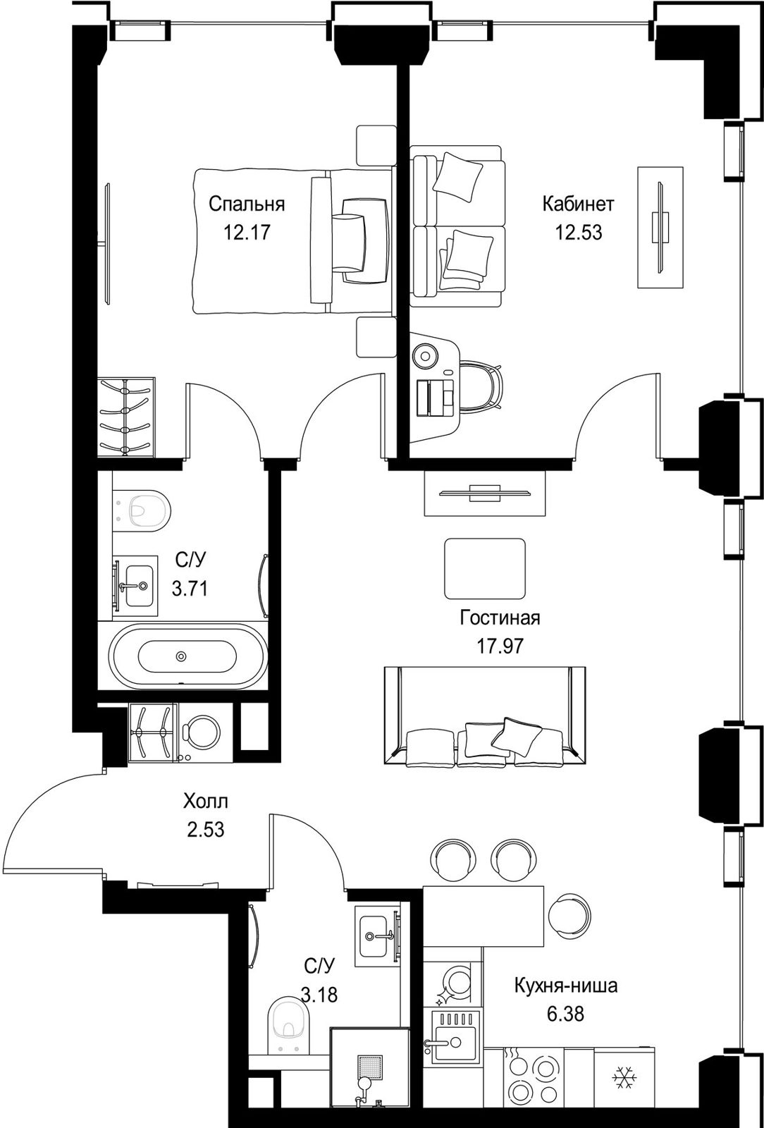 2-комнатная квартира, 58,5 м²
