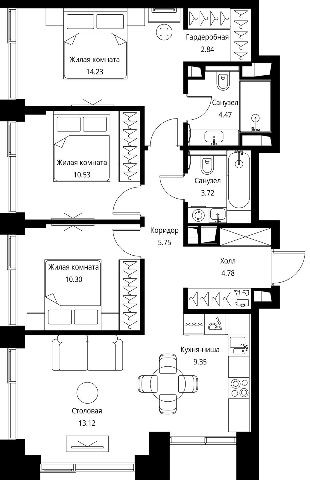 3-комнатная квартира, 79,1 м²