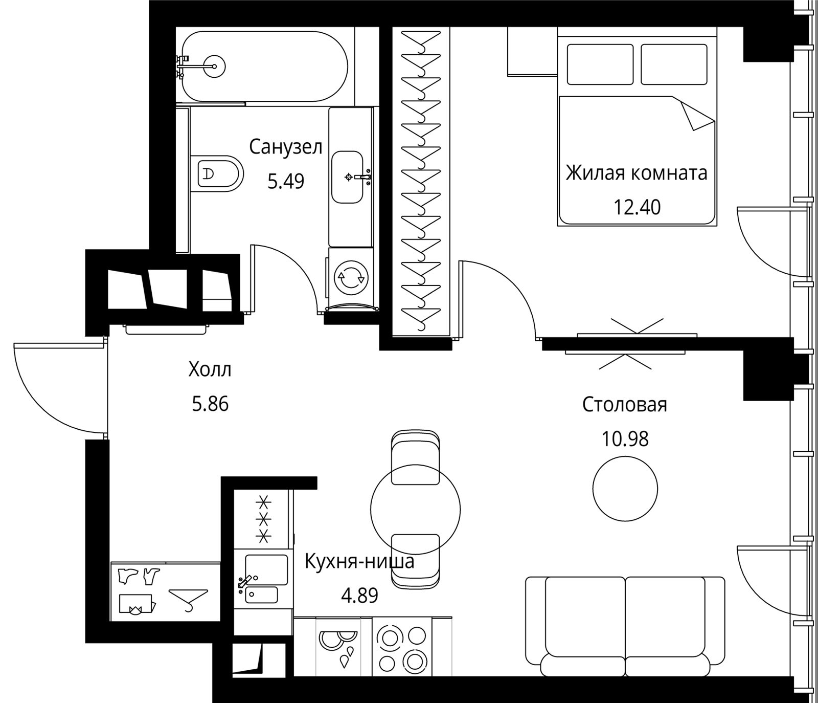 1-комнатная квартира, 39,6 м²