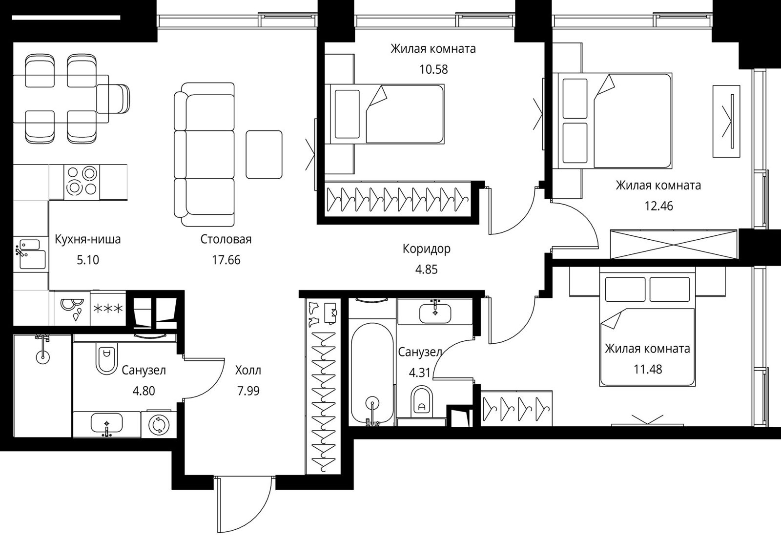 3-комнатная квартира, 79,2 м²