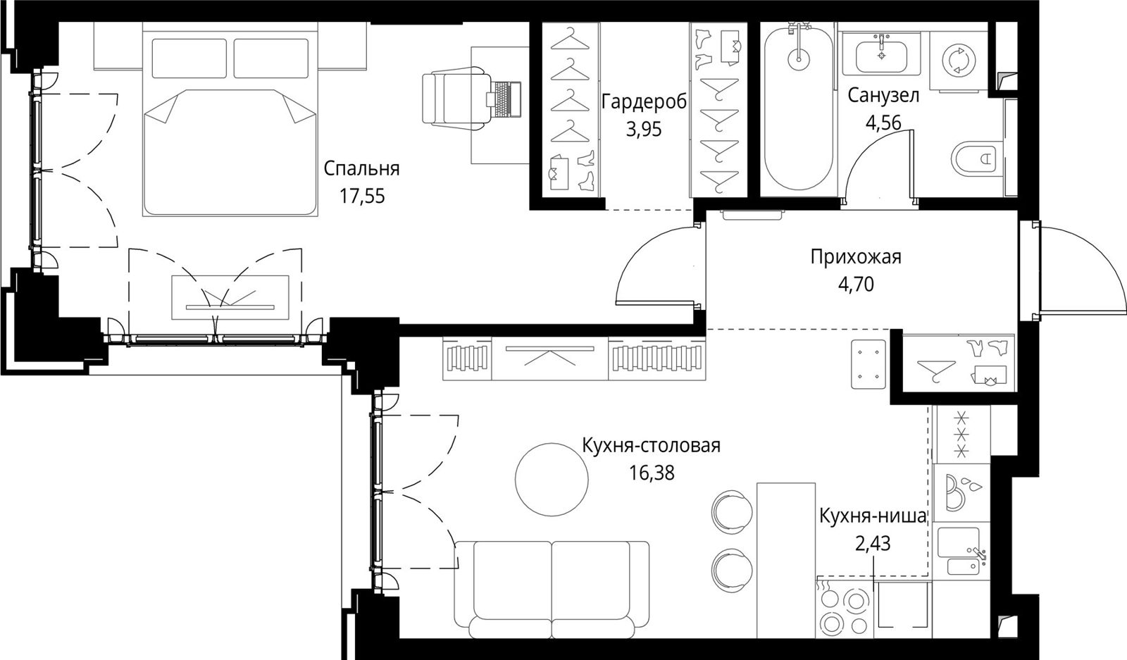 1-комнатная квартира, 49,6 м²