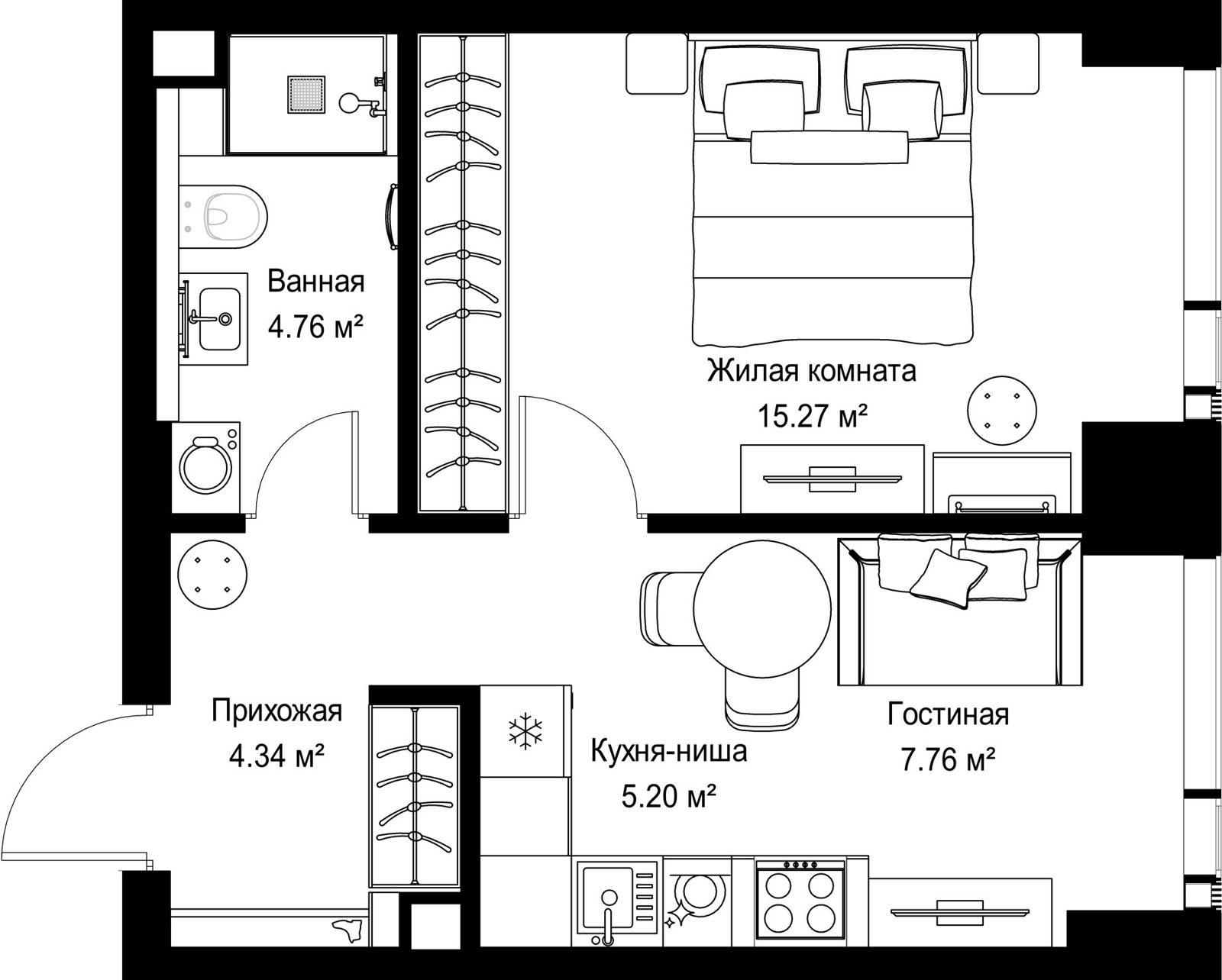 1-комнатная квартира, 37,3 м²
