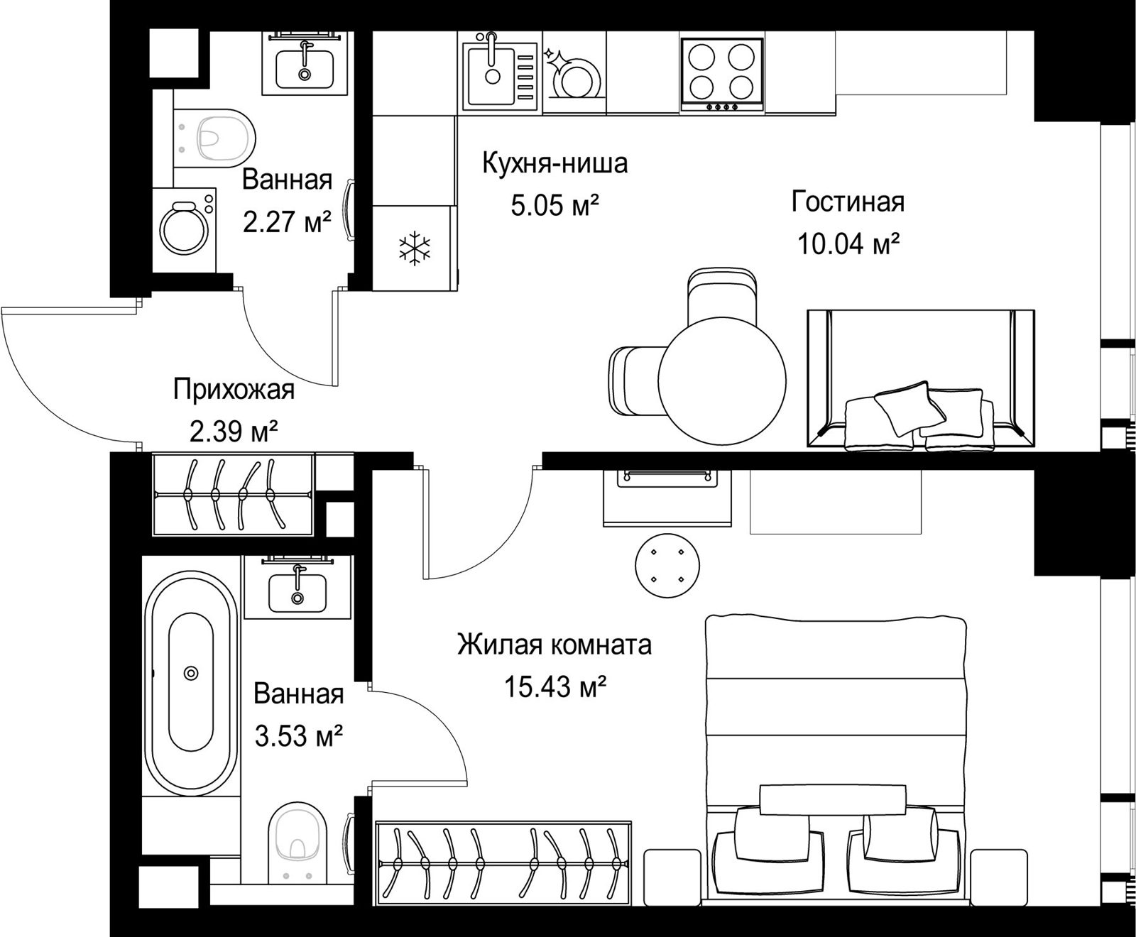 1-комнатная квартира, 38,7 м²