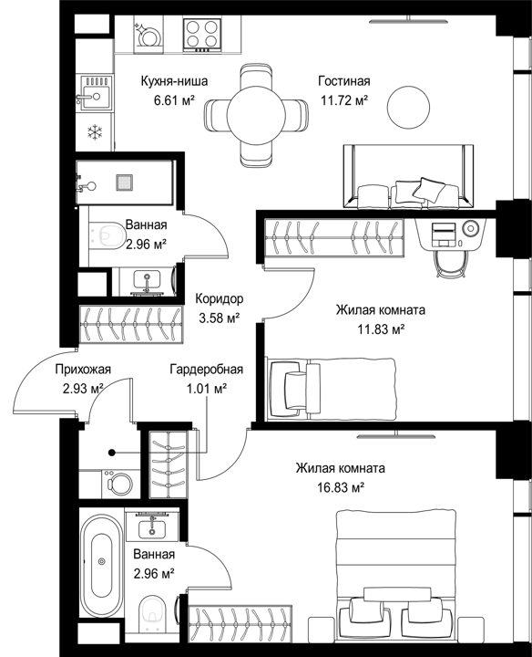 2-комнатная квартира, 60,4 м²