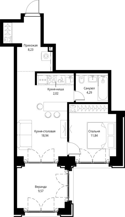 1-комнатная квартира, 54,9 м² — фото 1