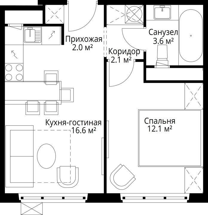 1-комнатная квартира, 36,4 м² — фото 1