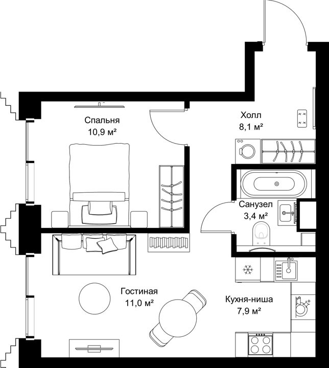 1-комнатная квартира, 41,3 м²