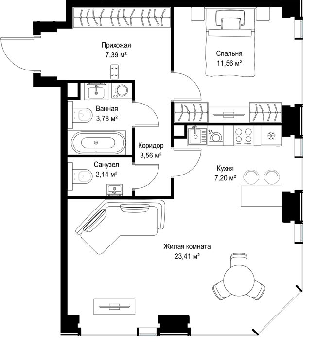 2-комнатная квартира, 59 м² — фото 1