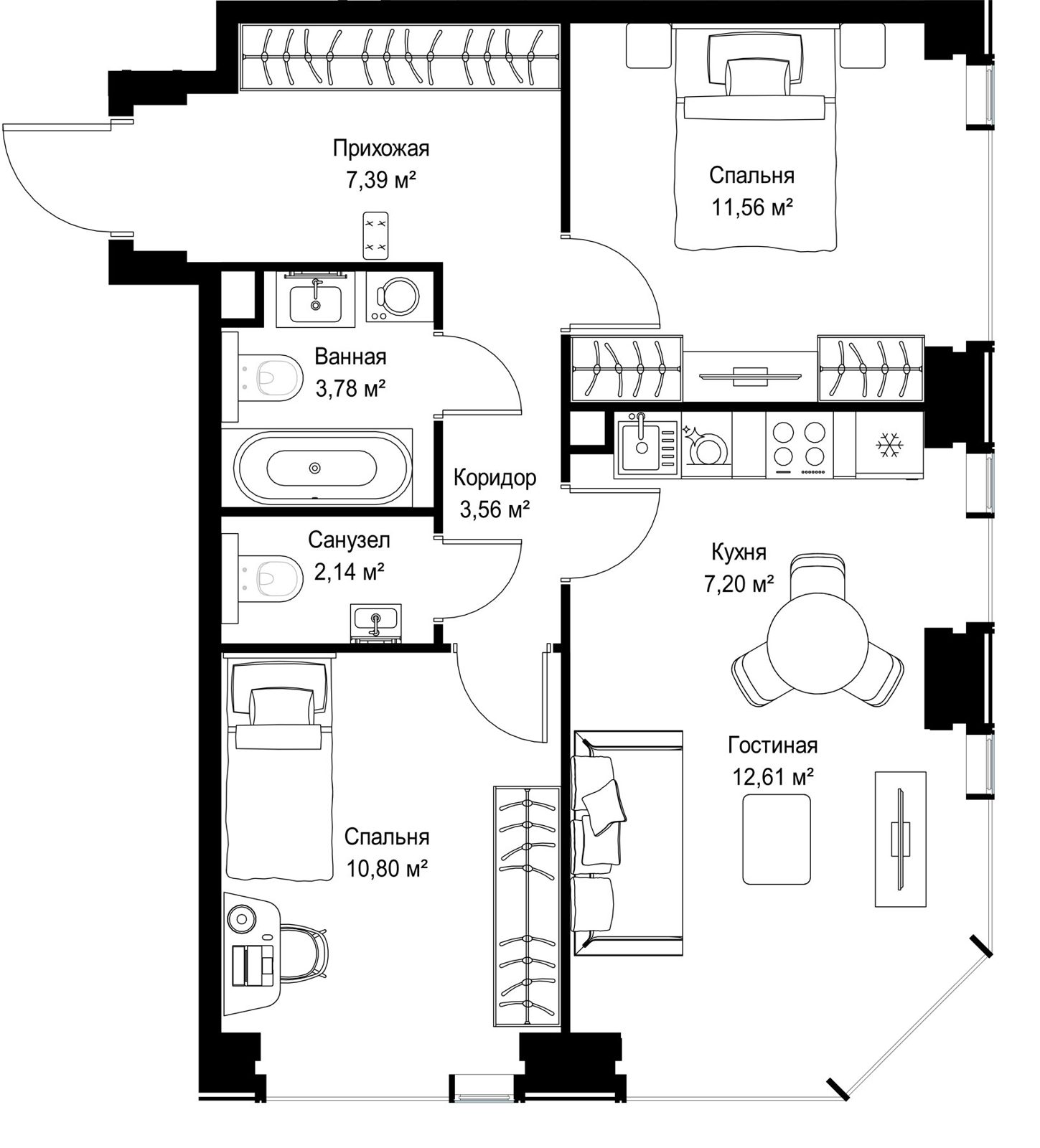 2-комнатная квартира, 59 м² — фото 2