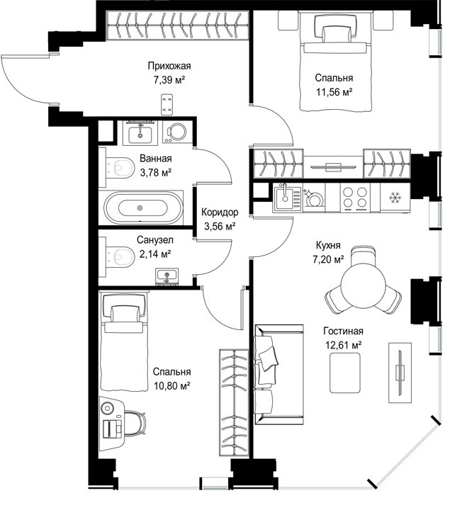 2-комнатная квартира, 59 м² — фото 2