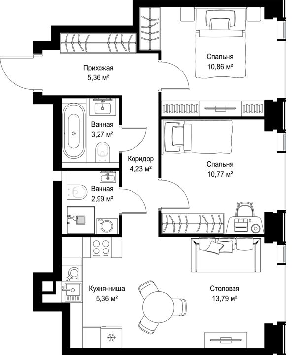 2-комнатная квартира, 56,6 м² — фото 2