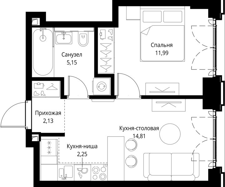 1-комнатная квартира, 36,3 м² — фото 1