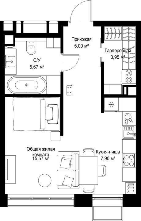 1-комнатная квартира, 38,1 м² — фото 1