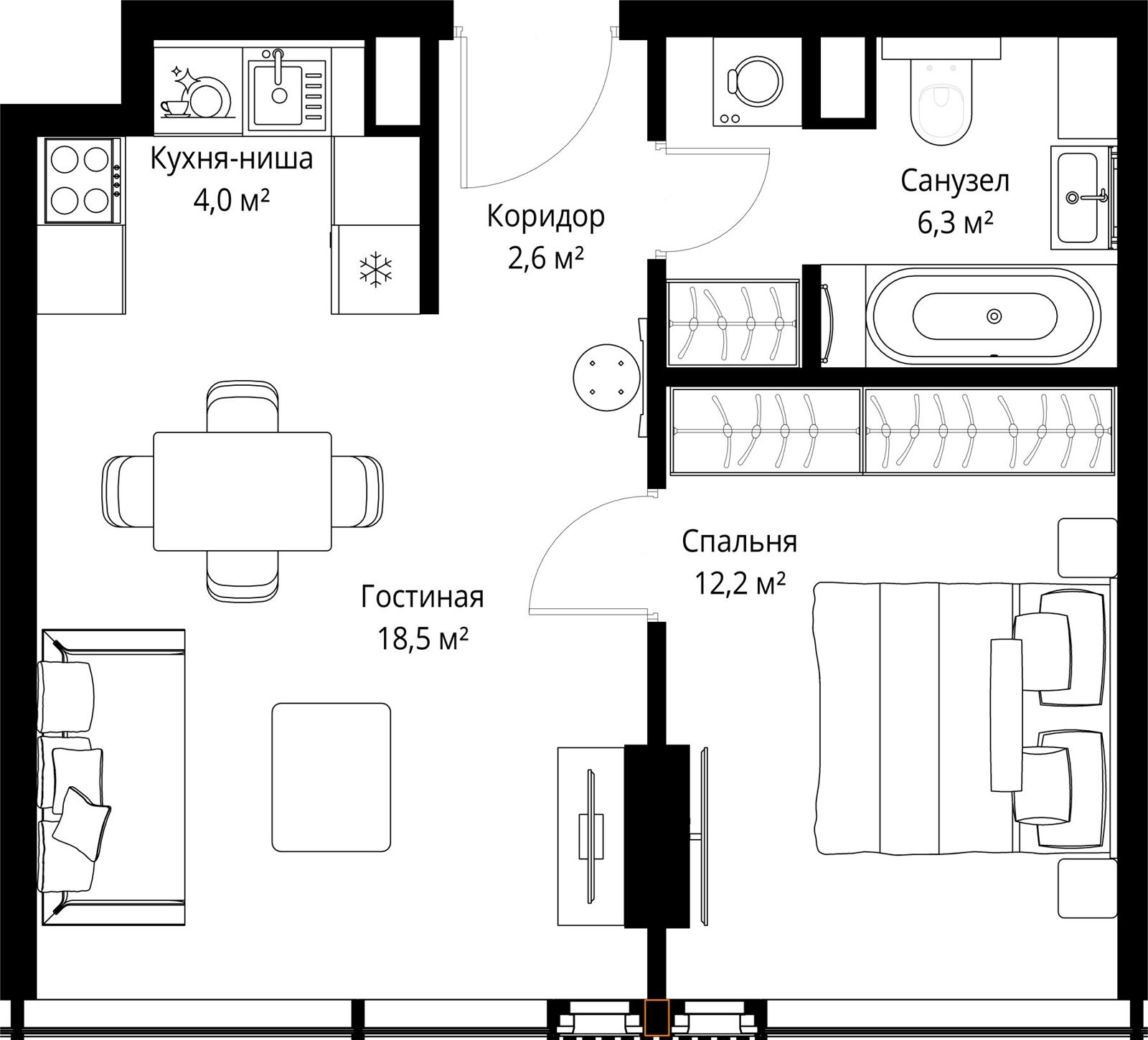 1-комнатная квартира, 43,6 м²