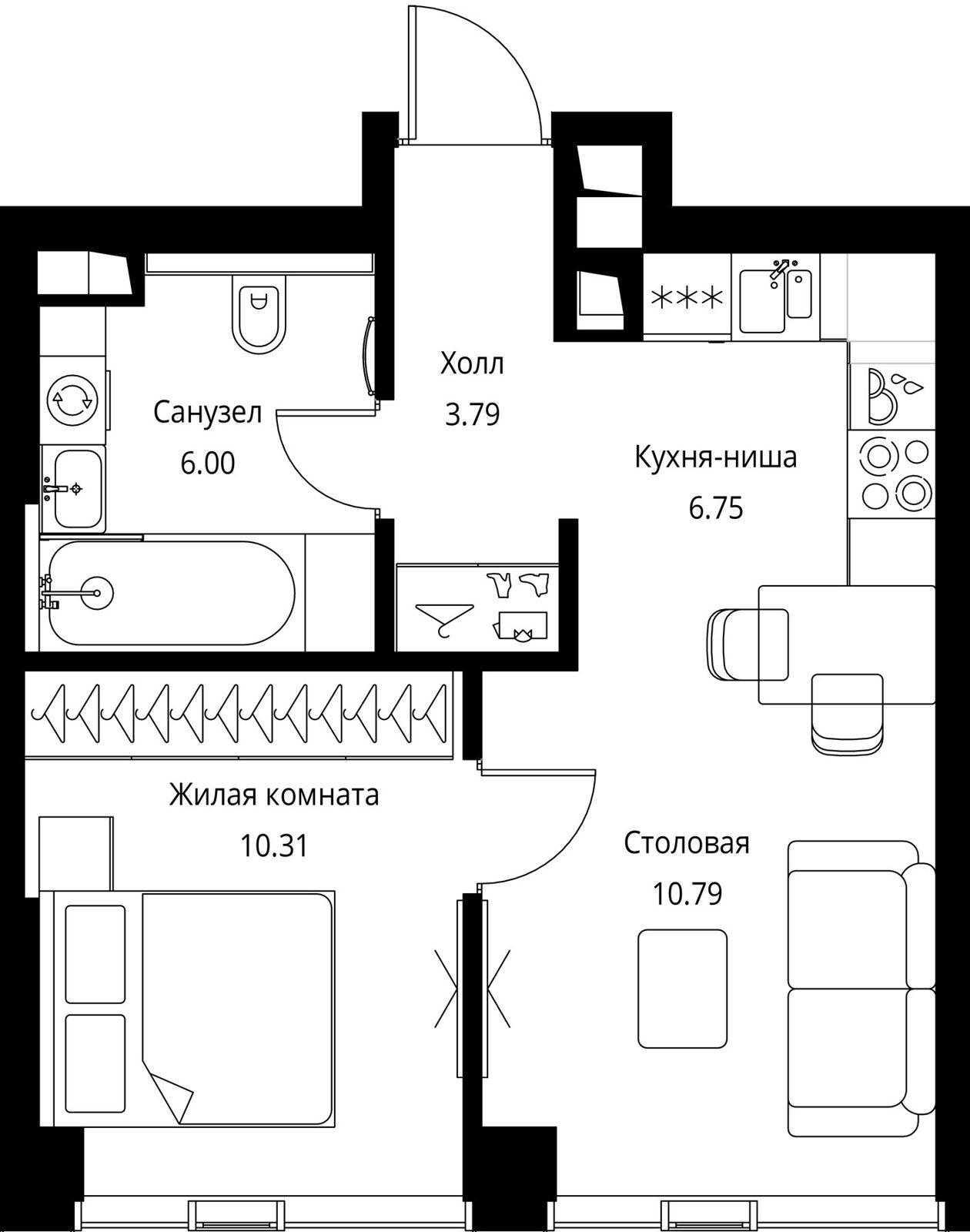 1-комнатная квартира, 37,6 м²