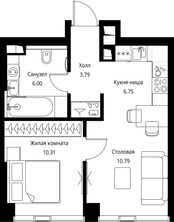 1-комнатная квартира, 37,6 м² — фото 1